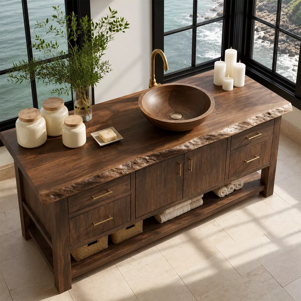 Natural Solid Wood Bathroom Vanity with Four Drawers Open Shelf Rustic - Livewoodcraft - 2