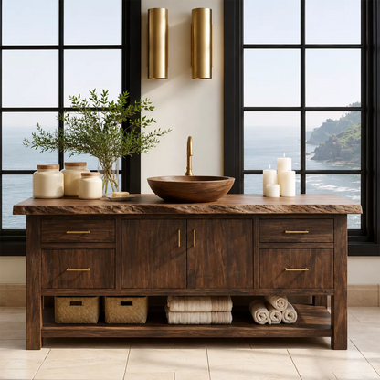 Natural Solid Wood Bathroom Vanity with Four Drawers Open Shelf Rustic - Livewoodcraft - 3