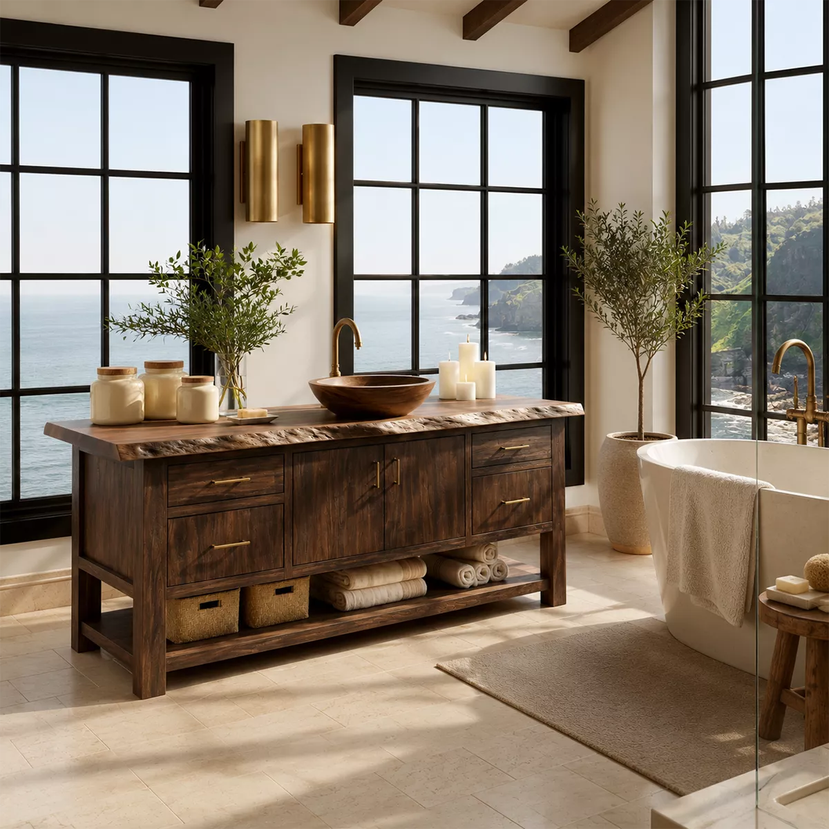 Natural Solid Wood Bathroom Vanity with Four Drawers Open Shelf Rustic - Livewoodcraft - 4