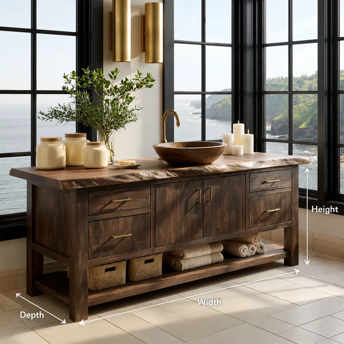 Natural Solid Wood Bathroom Vanity with Four Drawers Open Shelf Rustic - Livewoodcraft - 5