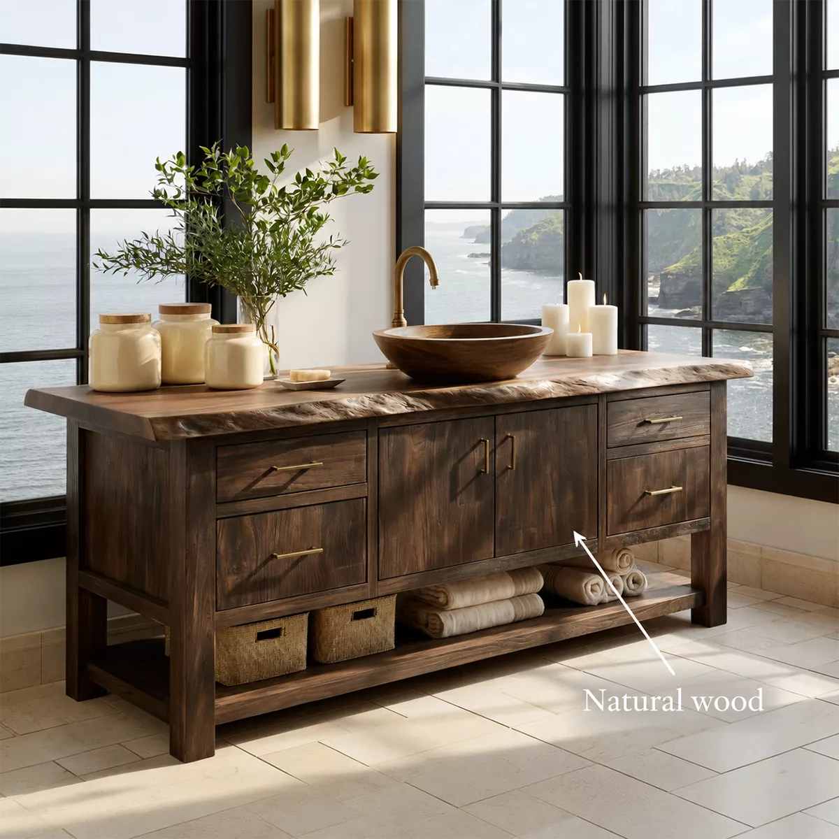 Natural Solid Wood Bathroom Vanity with Four Drawers Open Shelf Rustic - Livewoodcraft - 6