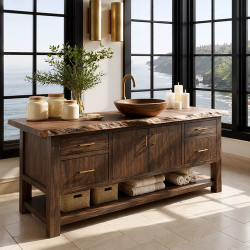Natural Solid Wood Bathroom Vanity with Four Drawers Open Shelf Rustic - Livewoodcraft - 7