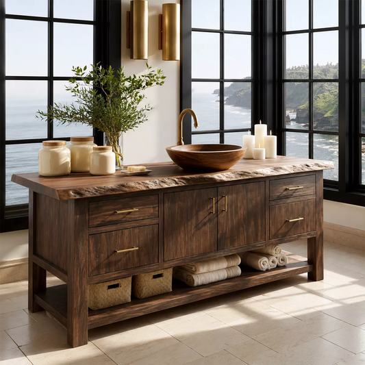 Natural Solid Wood Bathroom Vanity with Four Drawers Open Shelf Rustic - Livewoodcraft