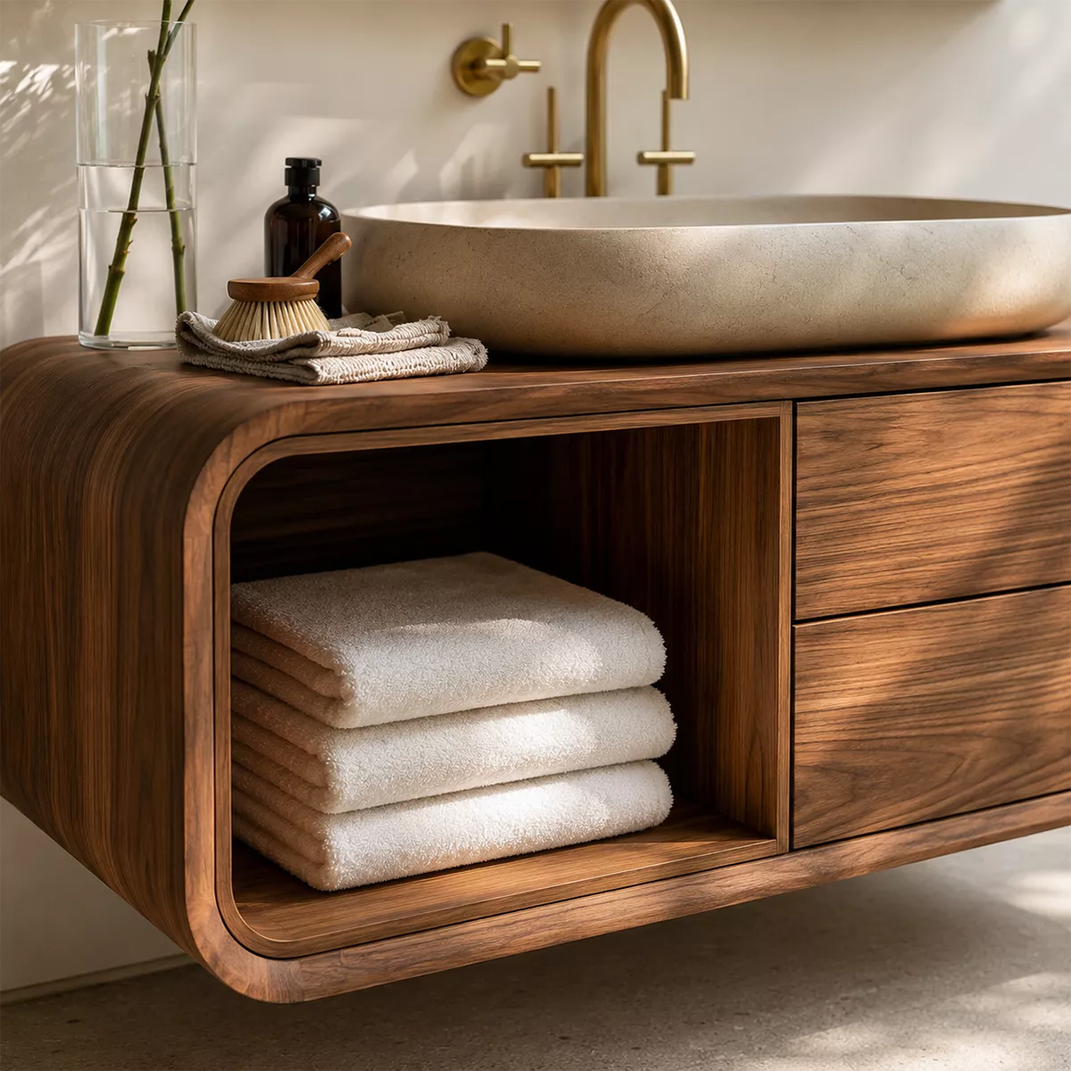 Natural Solid Wood Bathroom Vanity with Open Nook Storage Modern Style - Livewoodcraft - 1