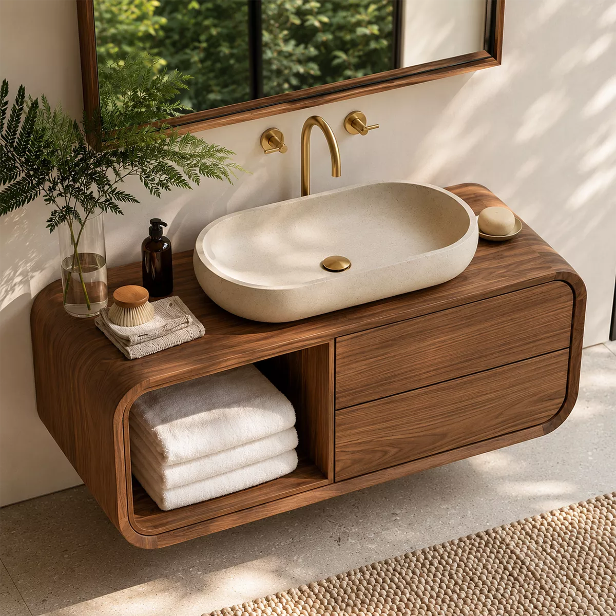 Natural Solid Wood Bathroom Vanity with Open Nook Storage Modern Style - Livewoodcraft - 2