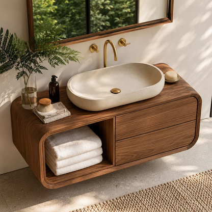 Natural Solid Wood Bathroom Vanity with Open Nook Storage Modern Style - Livewoodcraft - 2