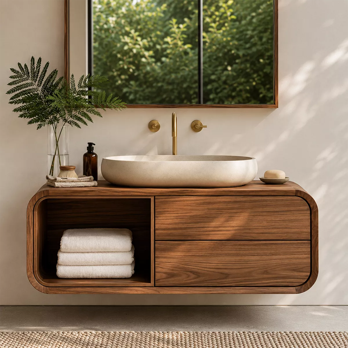 Natural Solid Wood Bathroom Vanity with Open Nook Storage Modern Style - Livewoodcraft - 3