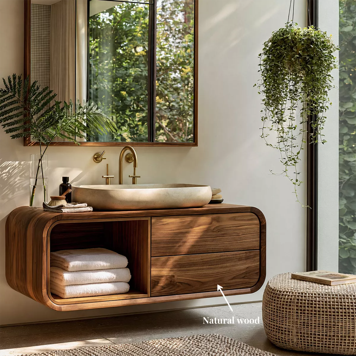 Natural Solid Wood Bathroom Vanity with Open Nook Storage Modern Style - Livewoodcraft - 6