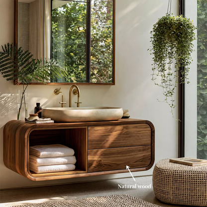 Natural Solid Wood Bathroom Vanity with Open Nook Storage Modern Style - Livewoodcraft - 6