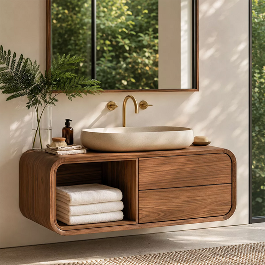 Natural Solid Wood Bathroom Vanity with Open Nook Storage Modern Style - Livewoodcraft