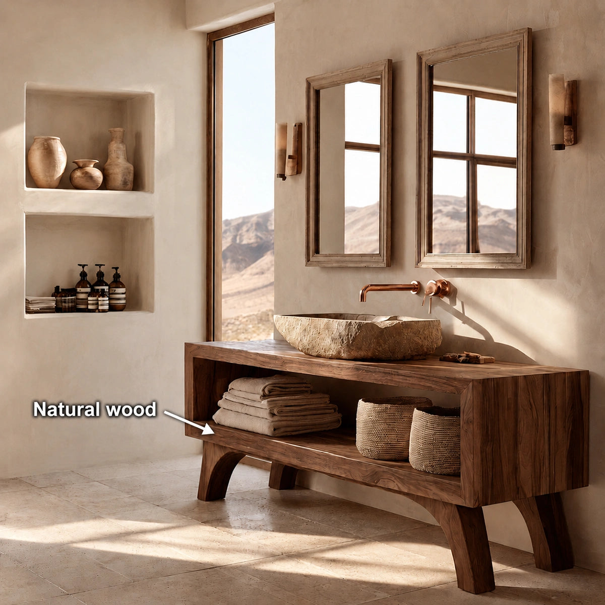 Natural Solid Wood Bathroom Vanity with Open Shelf – Rustic Wabi Sabi Style - Livewoodcraft - 10