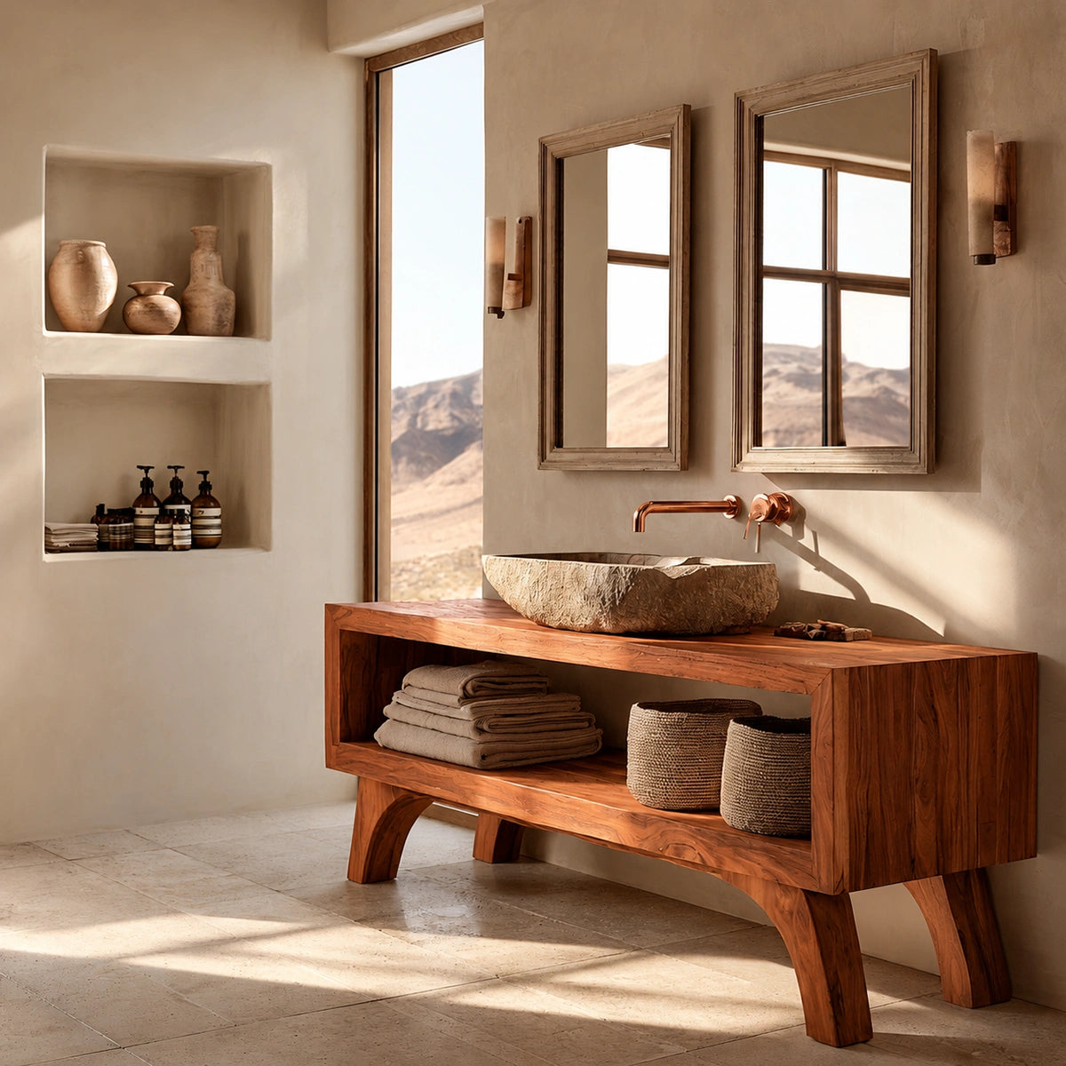 Natural Solid Wood Bathroom Vanity with Open Shelf – Rustic Wabi Sabi Style - Livewoodcraft - 2