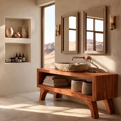 Natural Solid Wood Bathroom Vanity with Open Shelf – Rustic Wabi Sabi Style - Livewoodcraft - 2