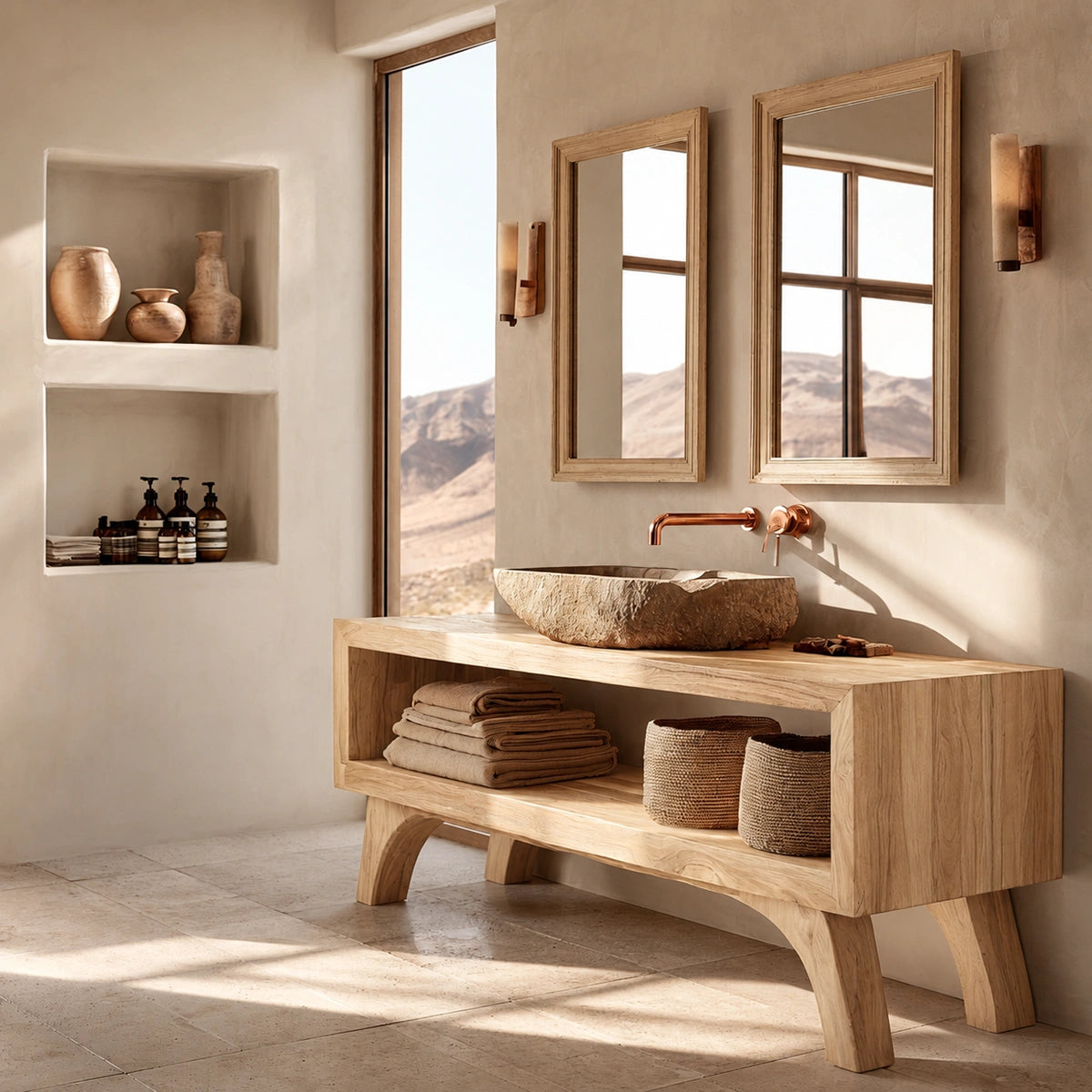 Natural Solid Wood Bathroom Vanity with Open Shelf – Rustic Wabi Sabi Style - Livewoodcraft - 3