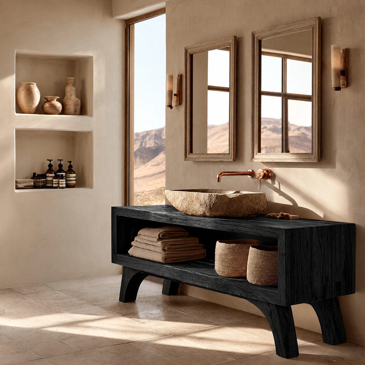 Natural Solid Wood Bathroom Vanity with Open Shelf – Rustic Wabi Sabi Style - Livewoodcraft - 4
