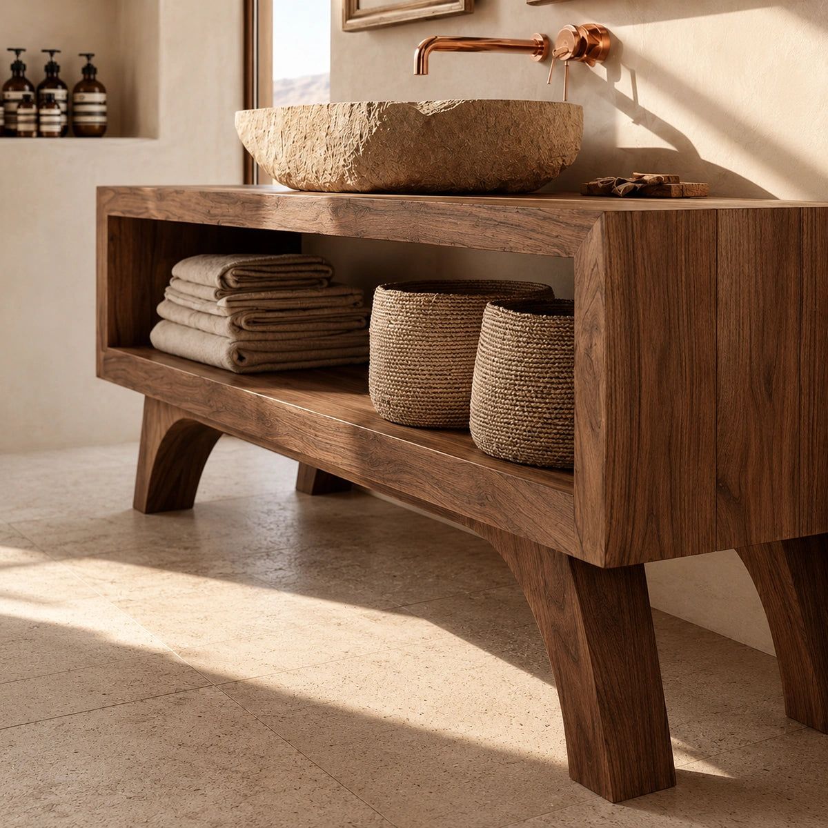 Natural Solid Wood Bathroom Vanity with Open Shelf – Rustic Wabi Sabi Style - Livewoodcraft - 5