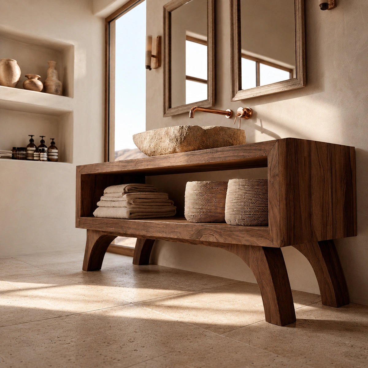Natural Solid Wood Bathroom Vanity with Open Shelf – Rustic Wabi Sabi Style - Livewoodcraft - 6