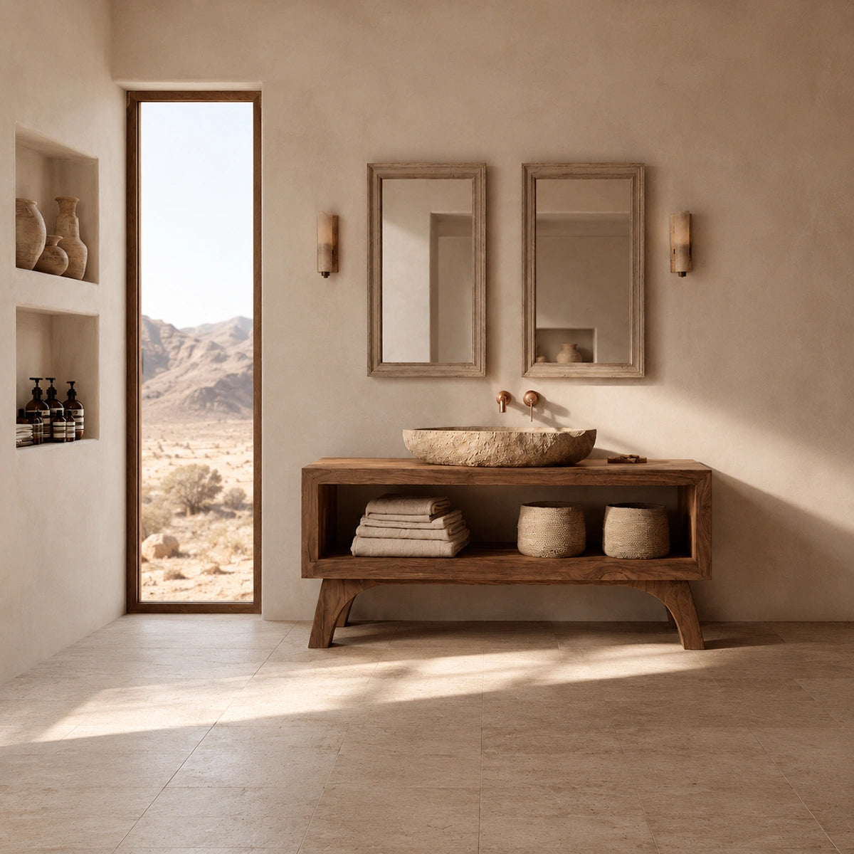 Natural Solid Wood Bathroom Vanity with Open Shelf – Rustic Wabi Sabi Style - Livewoodcraft - 7