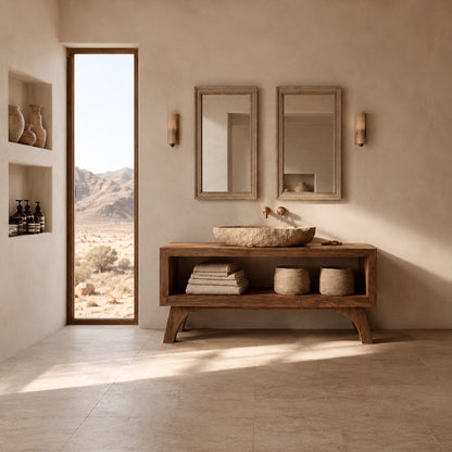 Natural Solid Wood Bathroom Vanity with Open Shelf – Rustic Wabi Sabi Style - Livewoodcraft - 7
