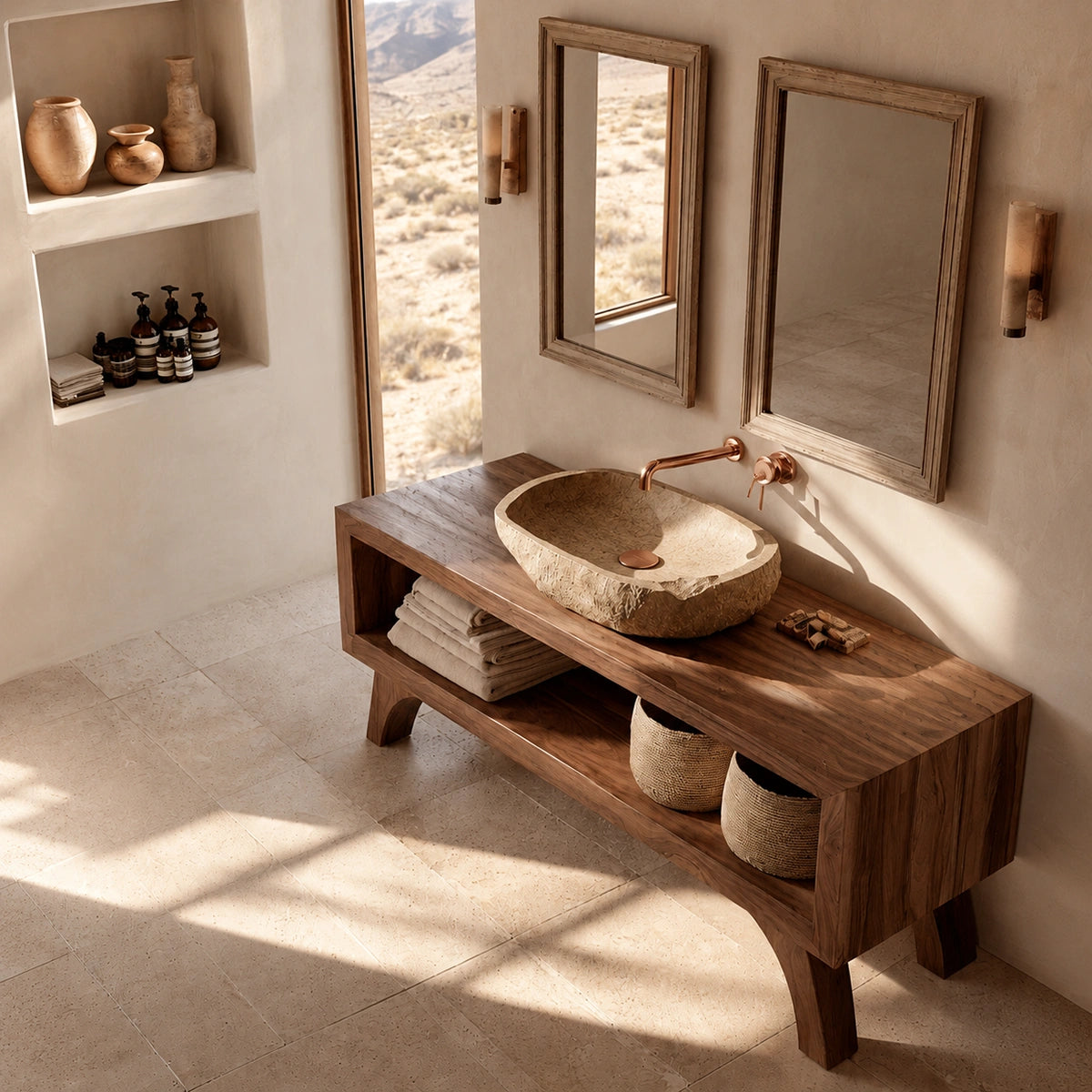 Natural Solid Wood Bathroom Vanity with Open Shelf – Rustic Wabi Sabi Style - Livewoodcraft - 8