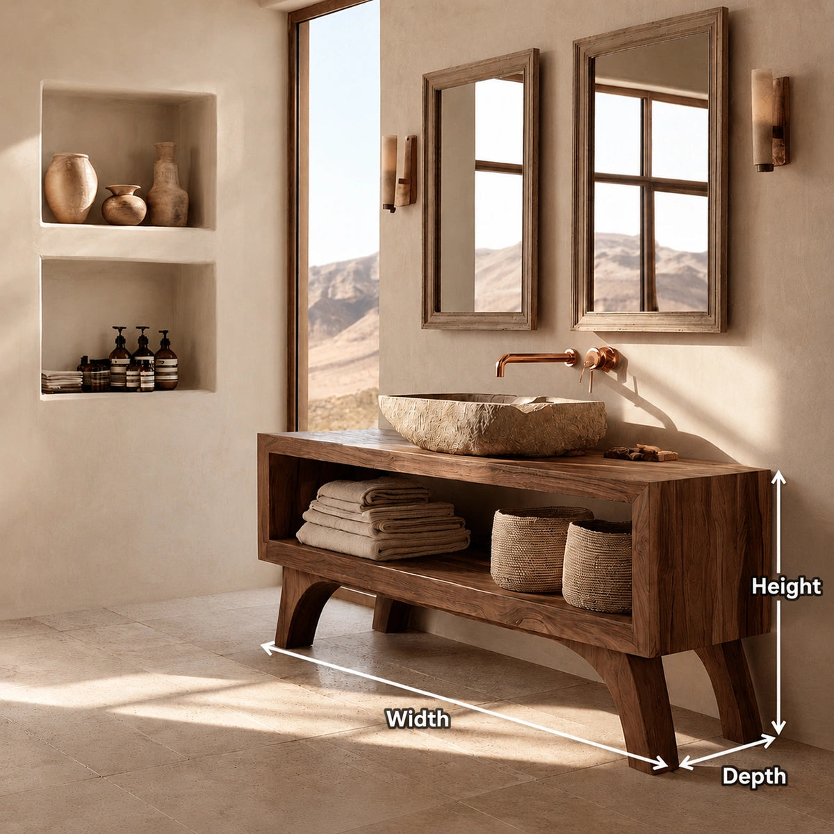 Natural Solid Wood Bathroom Vanity with Open Shelf – Rustic Wabi Sabi Style - Livewoodcraft - 9
