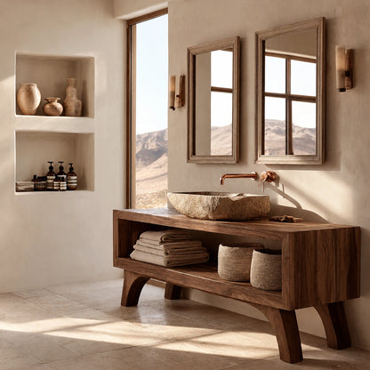 Natural Solid Wood Bathroom Vanity with Open Shelf – Rustic Wabi Sabi Style - Livewoodcraft