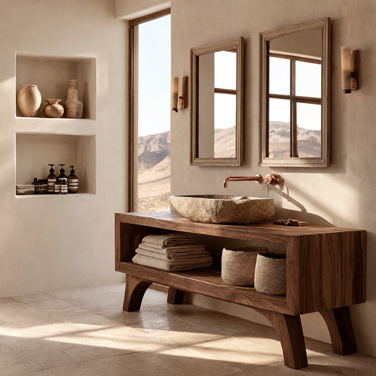 Natural Solid Wood Bathroom Vanity with Open Shelf – Rustic Wabi Sabi Style - Livewoodcraft