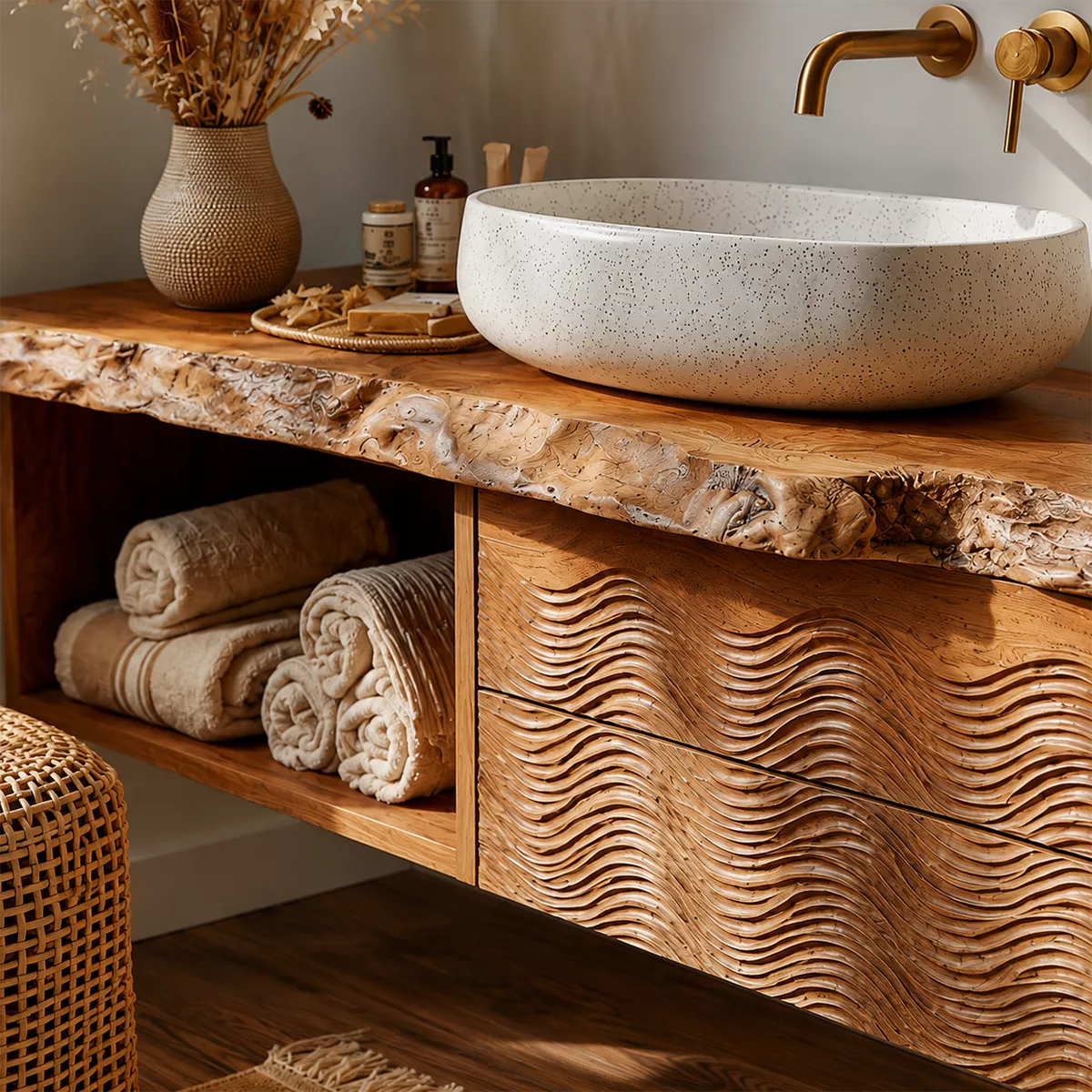 Natural Solid Wood Bathroom Vanity with Sculptural Wave Cabinet Rustic - Livewoodcraft - 1