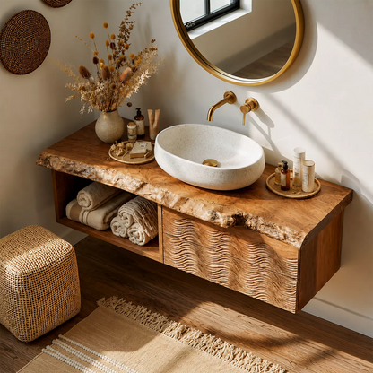 Natural Solid Wood Bathroom Vanity with Sculptural Wave Cabinet Rustic - Livewoodcraft - 2