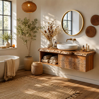 Natural Solid Wood Bathroom Vanity with Sculptural Wave Cabinet Rustic - Livewoodcraft - 3
