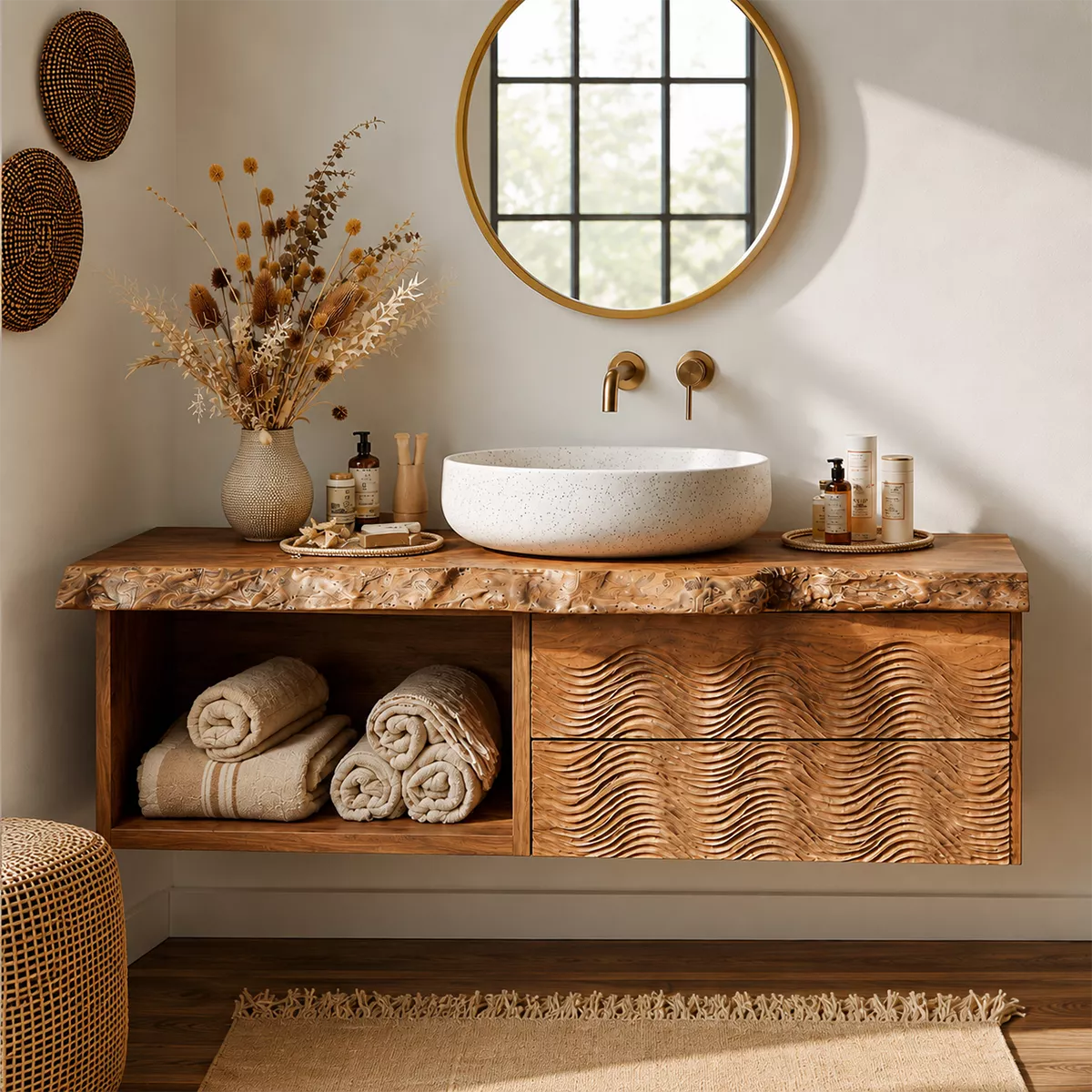 Natural Solid Wood Bathroom Vanity with Sculptural Wave Cabinet Rustic - Livewoodcraft - 4