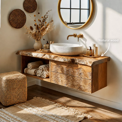 Natural Solid Wood Bathroom Vanity with Sculptural Wave Cabinet Rustic - Livewoodcraft - 5