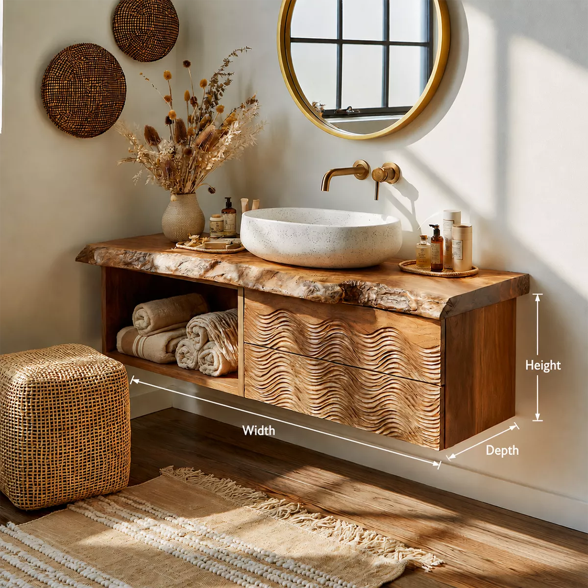 Natural Solid Wood Bathroom Vanity with Sculptural Wave Cabinet Rustic - Livewoodcraft - 6
