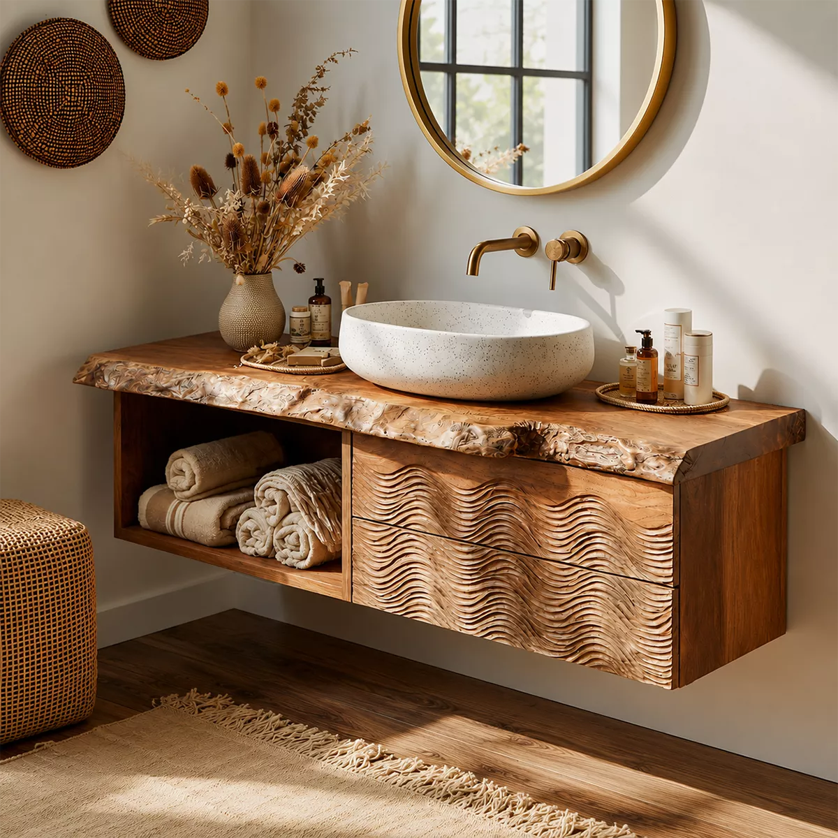 Natural Solid Wood Bathroom Vanity with Sculptural Wave Cabinet Rustic - Livewoodcraft - 7