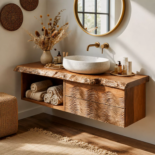 Natural Solid Wood Bathroom Vanity with Sculptural Wave Cabinet Rustic - Livewoodcraft