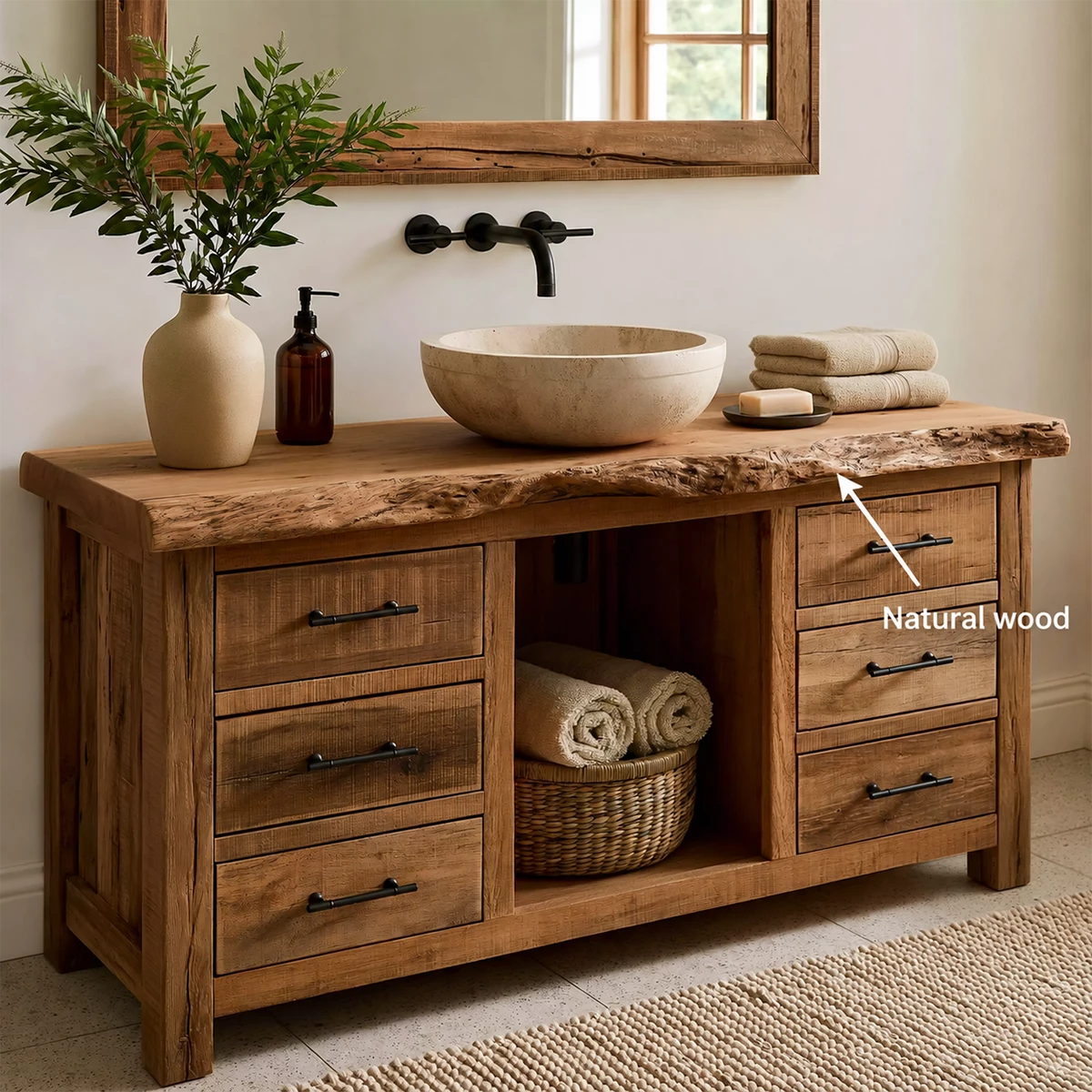 Natural Solid Wood Bathroom Vanity with Six Drawers and Open Center Shelf - Livewoodcraft - 10