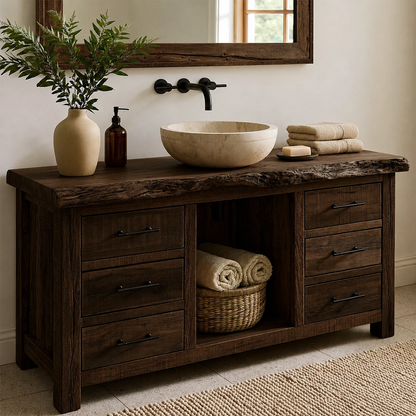 Natural Solid Wood Bathroom Vanity with Six Drawers and Open Center Shelf - Livewoodcraft - 2