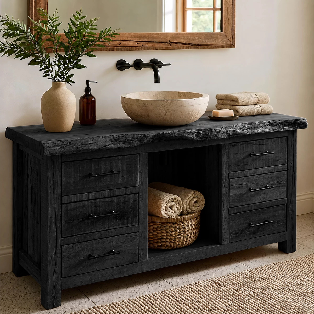 Natural Solid Wood Bathroom Vanity with Six Drawers and Open Center Shelf - Livewoodcraft - 3