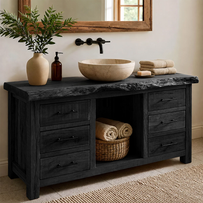 Natural Solid Wood Bathroom Vanity with Six Drawers and Open Center Shelf - Livewoodcraft - 3