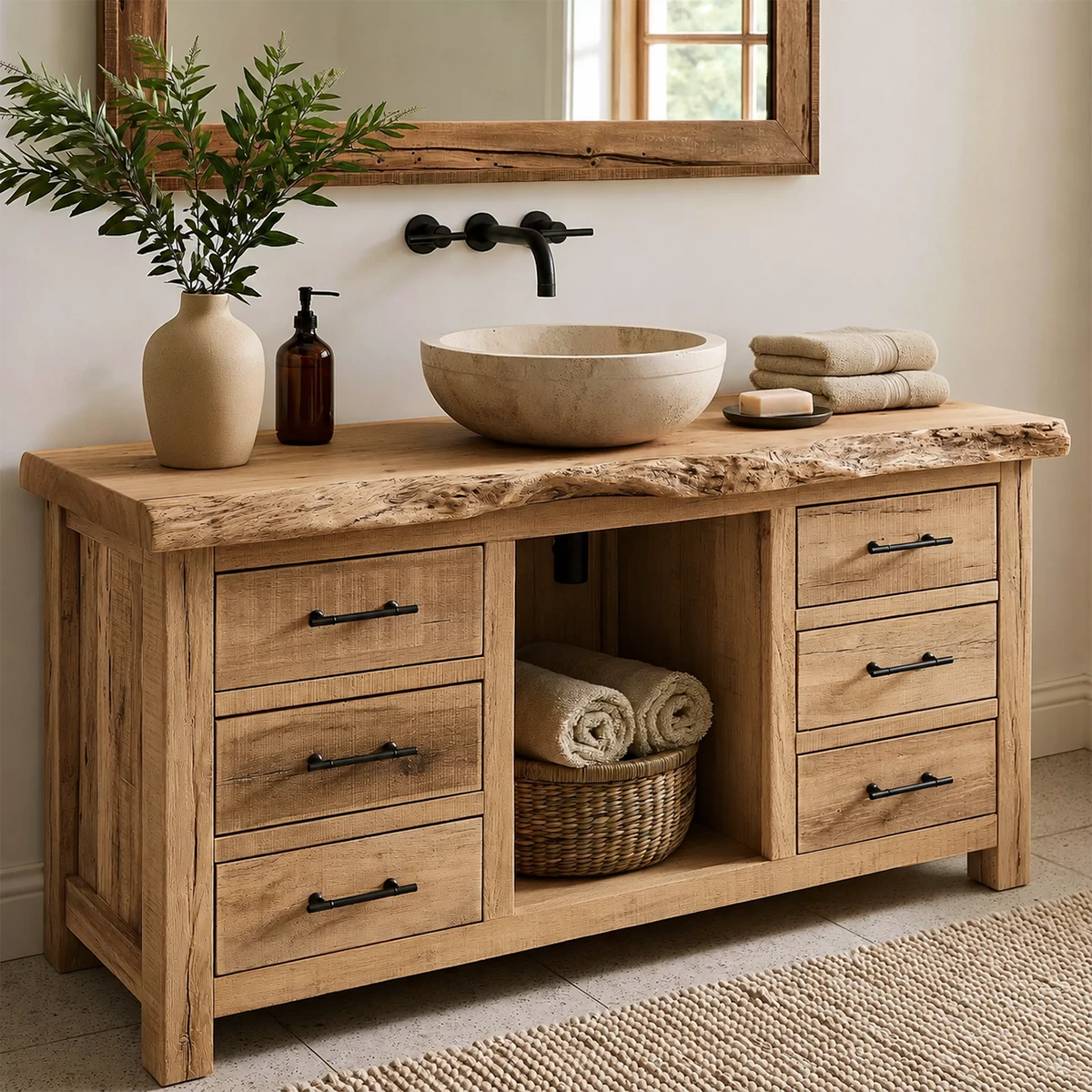 Natural Solid Wood Bathroom Vanity with Six Drawers and Open Center Shelf - Livewoodcraft - 4