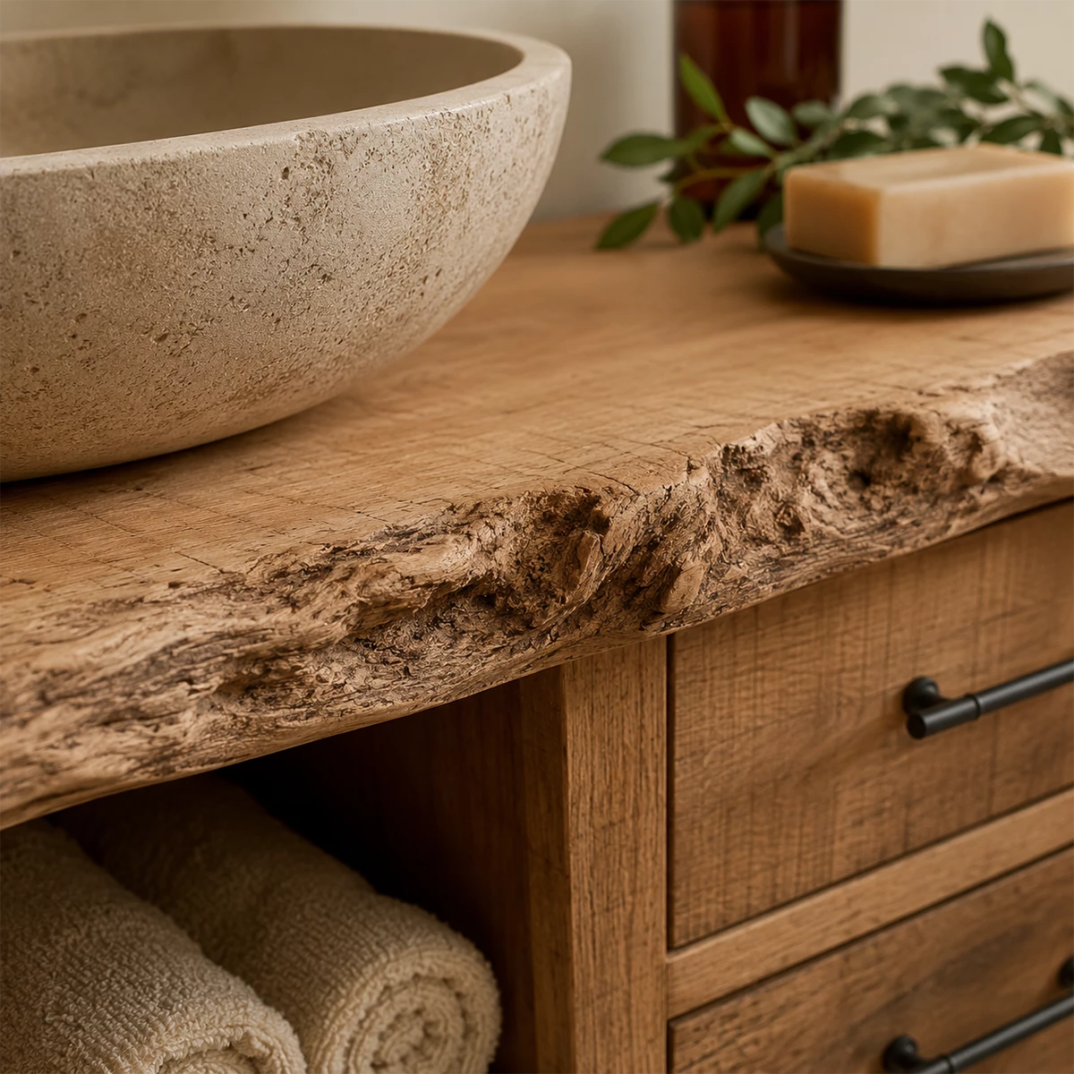 Natural Solid Wood Bathroom Vanity with Six Drawers and Open Center Shelf - Livewoodcraft - 5
