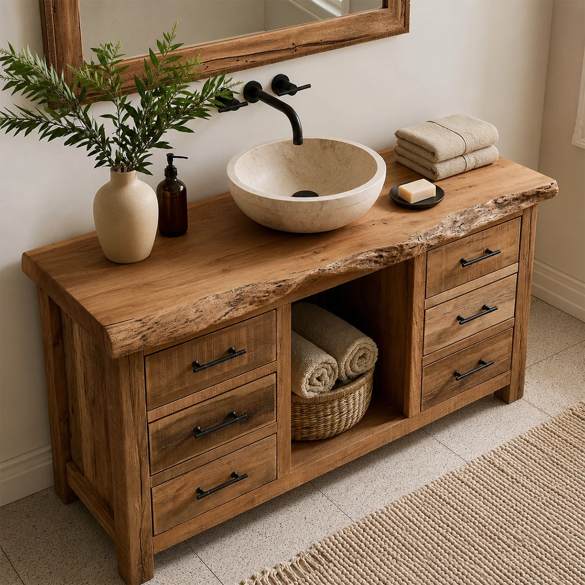 Natural Solid Wood Bathroom Vanity with Six Drawers and Open Center Shelf - Livewoodcraft - 6