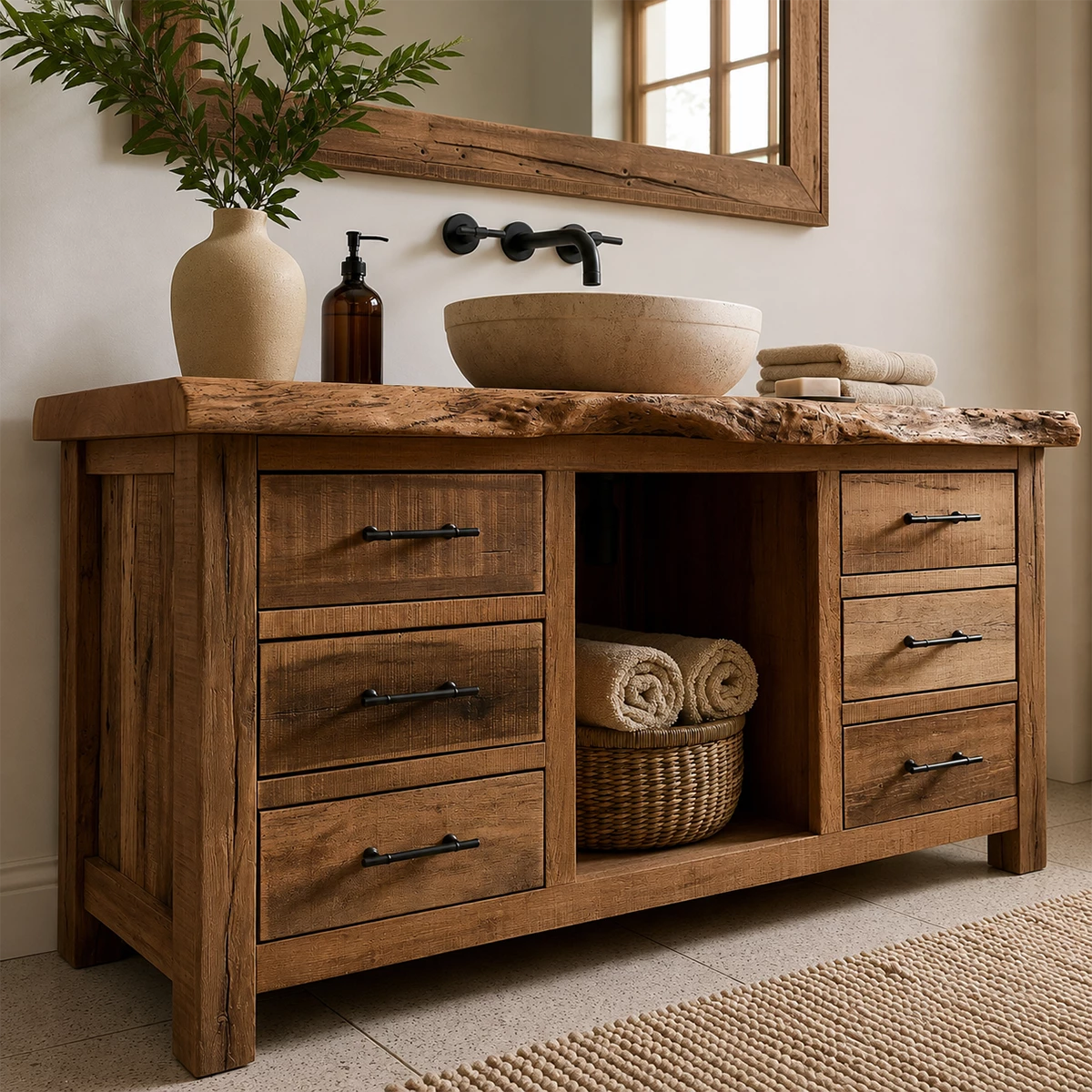 Natural Solid Wood Bathroom Vanity with Six Drawers and Open Center Shelf - Livewoodcraft - 7