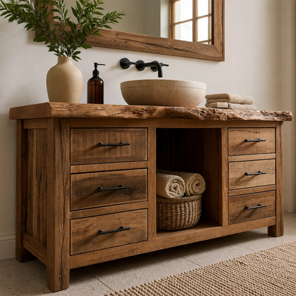 Natural Solid Wood Bathroom Vanity with Six Drawers and Open Center Shelf - Livewoodcraft - 7