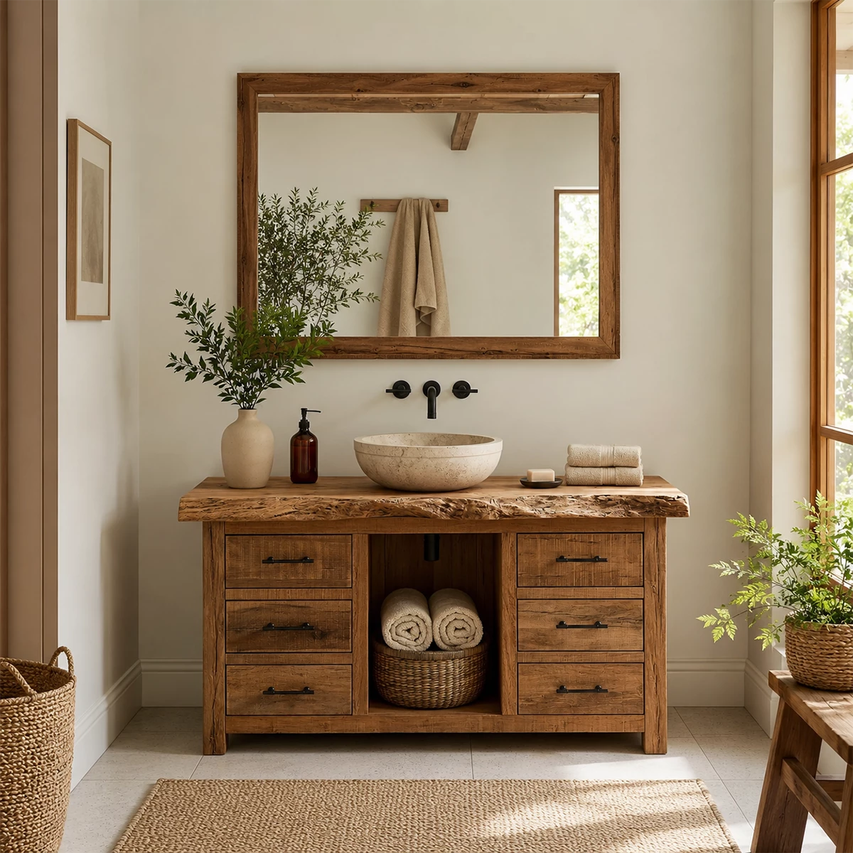 Natural Solid Wood Bathroom Vanity with Six Drawers and Open Center Shelf - Livewoodcraft - 8