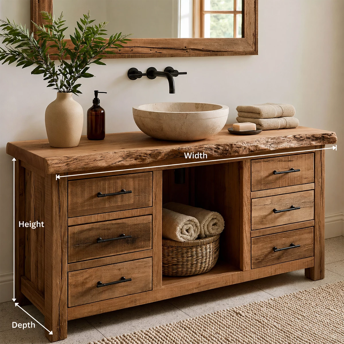 Natural Solid Wood Bathroom Vanity with Six Drawers and Open Center Shelf - Livewoodcraft - 9