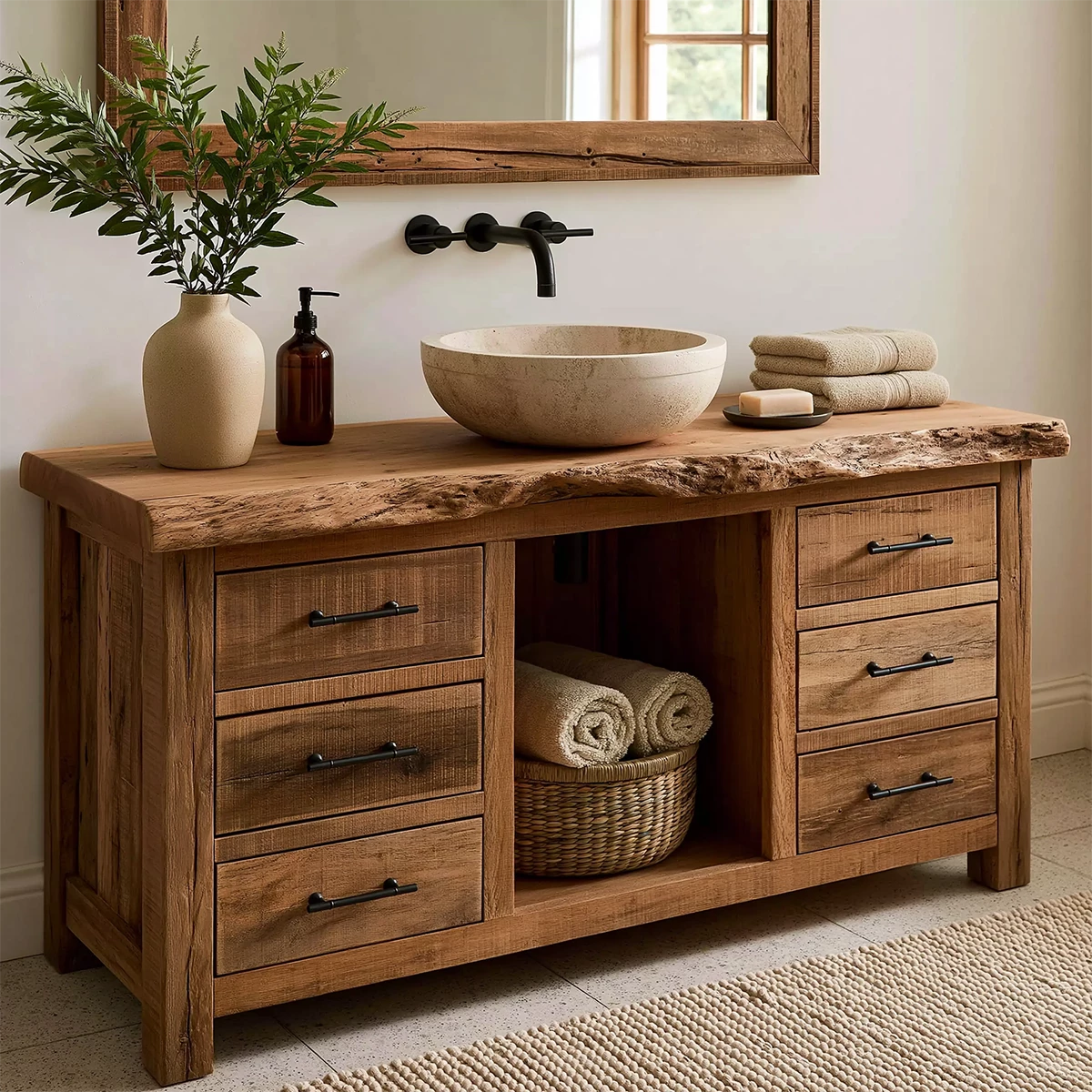 Natural Solid Wood Bathroom Vanity with Six Drawers and Open Center Shelf - Livewoodcraft