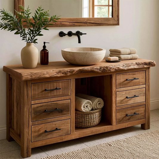 Natural Solid Wood Bathroom Vanity with Six Drawers and Open Center Shelf - Livewoodcraft