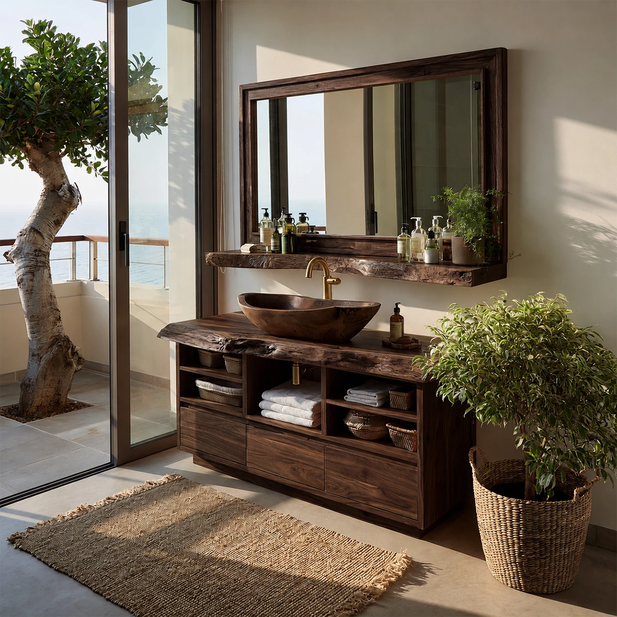 Natural Solid Wood Bathroom Vanity with Three Drawers and Open Shelving - Livewoodcraft - 2