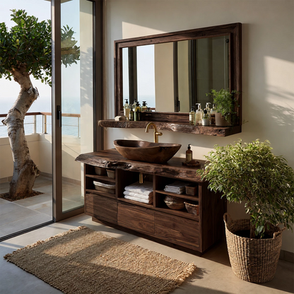 Natural Solid Wood Bathroom Vanity with Three Drawers and Open Shelving - Livewoodcraft - 2